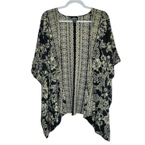 ANGIE Artsy Floral Print Open Front‎ Boho Flowy Black Kimono S